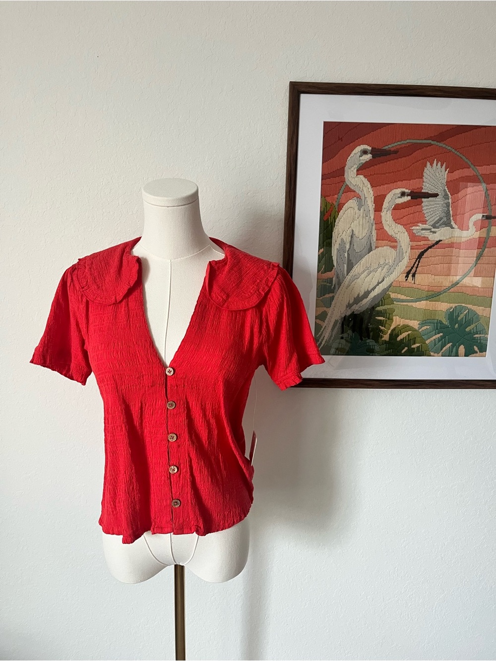 Free People 97% Cotton, Coral Short Sleeve Blouse with Peter Pan Collar